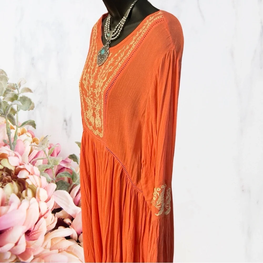 Glamorous Curve Boho Embroidered Bell-Sleeve Dress Orange White Rayon Sz 14 - Picture 5 of 14
